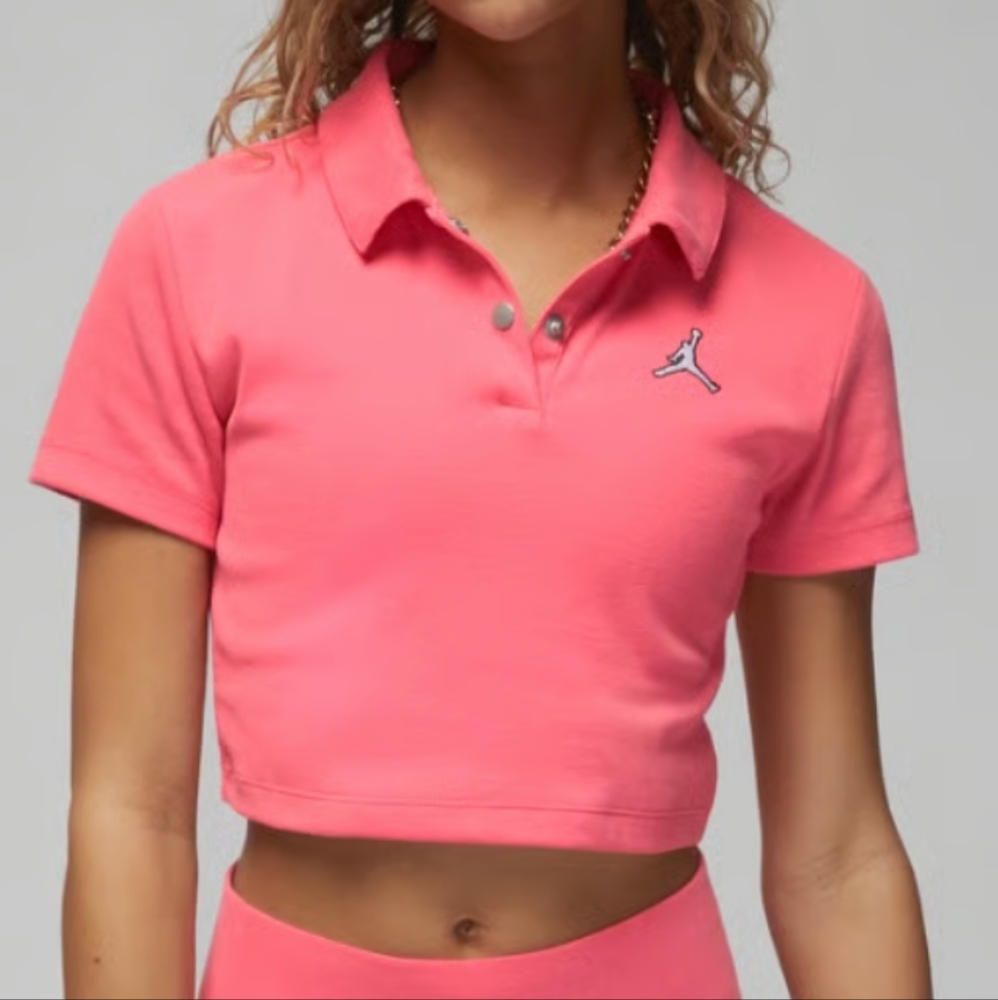 Jordan Nike New Women's Ribbed Cropped Polo Shirt Size L Color Pink Crop Top - Picture 2 of 11
